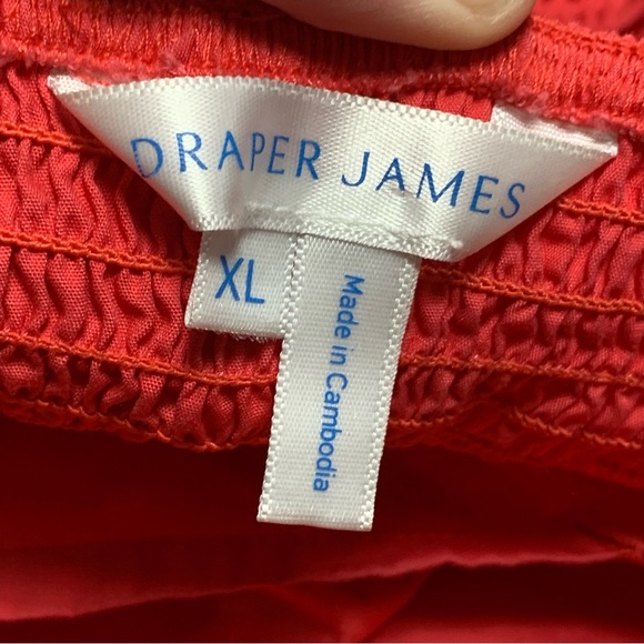 Draper James XL Vibrant Coral Puff Sleeve Smocked Back Casual Cotton Mini Dress - Picture 4 of 7
